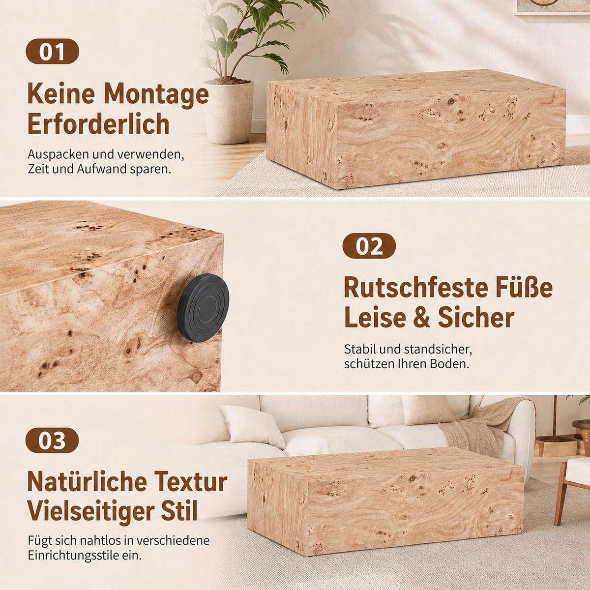 COUCHTISCH DE-37342 mit Holzoptik und stabiler Konstruktion Naturholz - Eichefarben, Holzwerkstoff (90/50/30cm) - ComfortXL