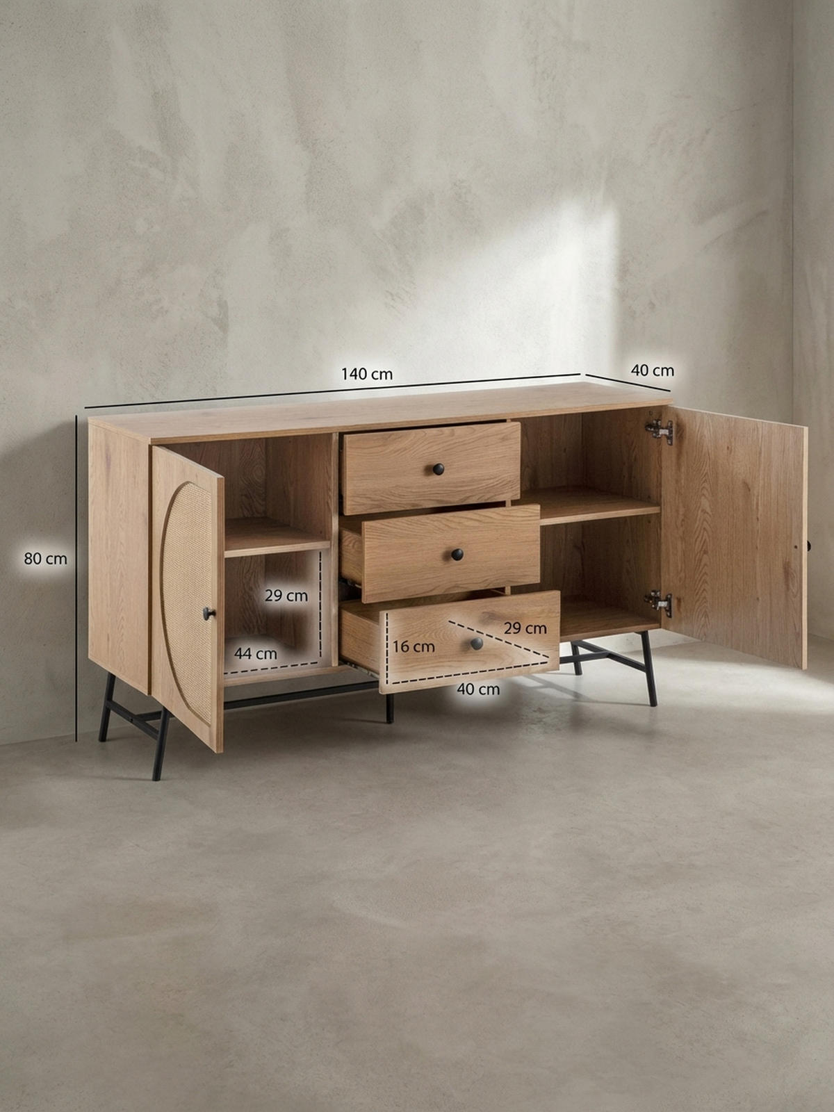 SIDEBOARD – Eiche-Dekor/Rattan, 140x80x40 cm, 2 Türen, 3 Schubladen, hoch - Schwarz/Braun, Holzwerkstoff/Metall (140/80/40cm) - KADIMA DESIGN