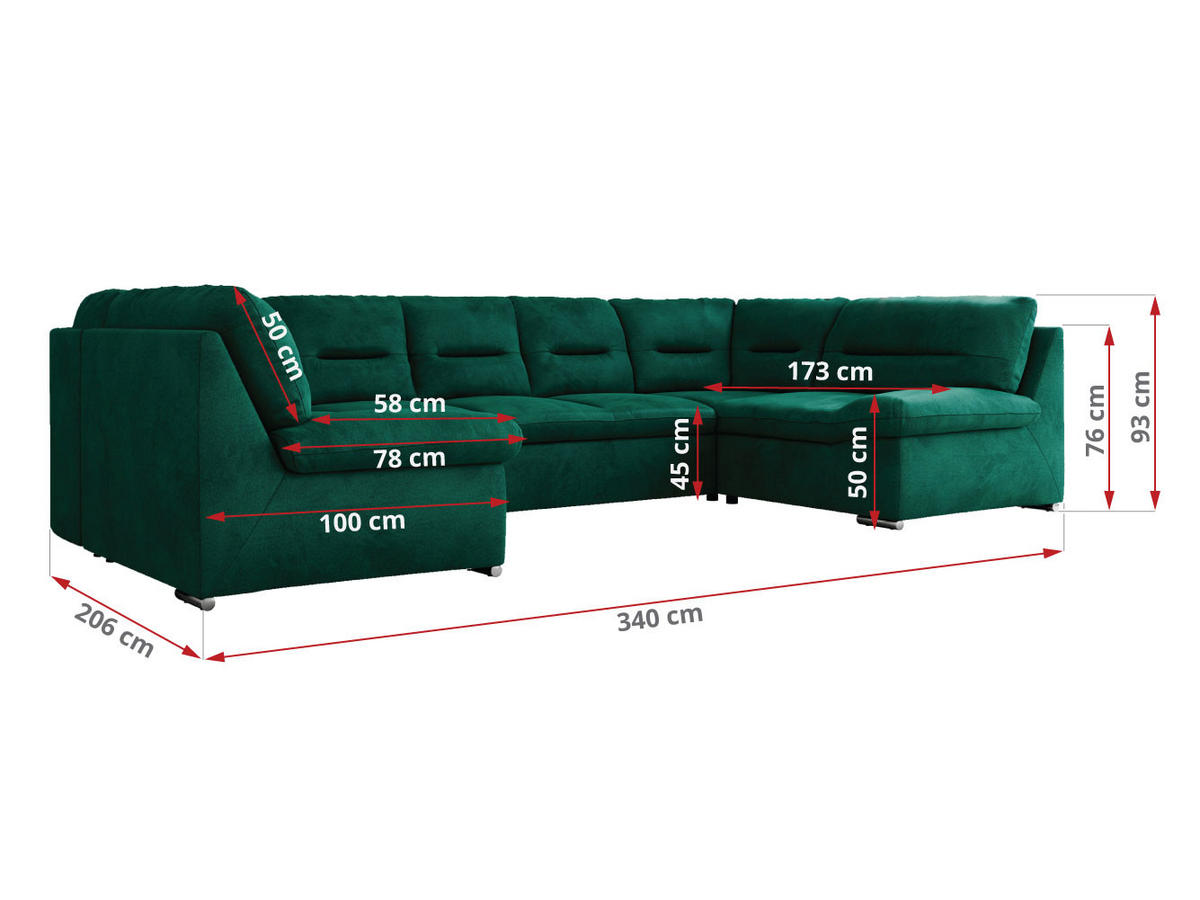 WOHNLANDSCHAFT COMODO U Dunkelgrün Velvet - Dunkelgrün/Silberfarben, Textil/Metall (340/93/206cm) - MKS