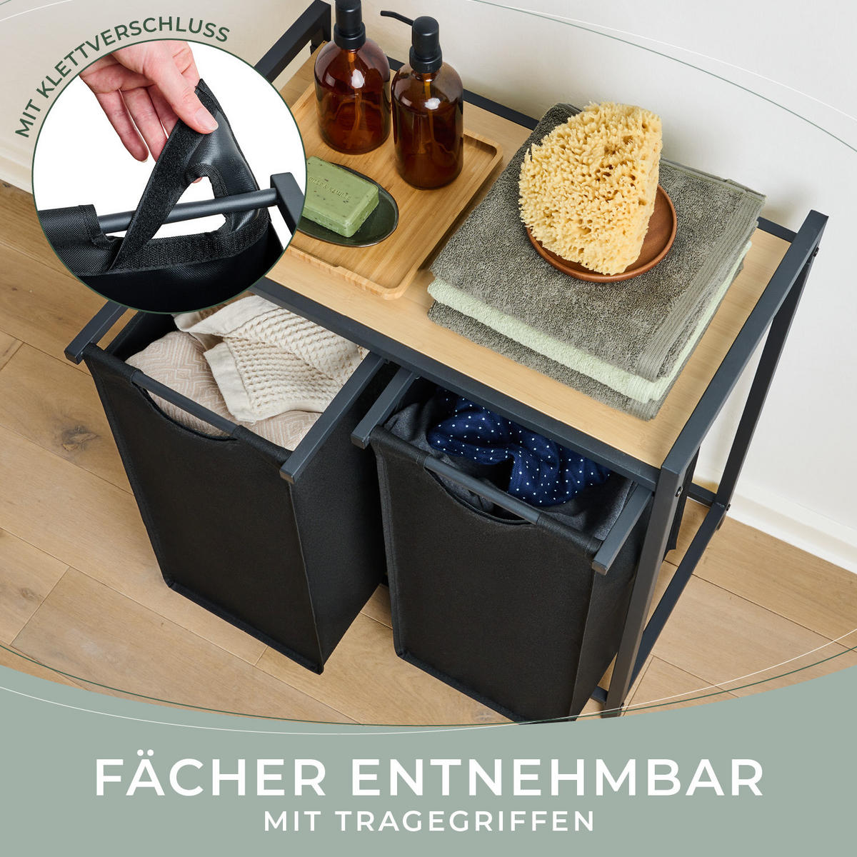 WÄSCHESAMMLER 2 Fächer Schwarz - Wäschekorb mit Ablage in Bambus-Optik - Wäschesortierer 2 Fächer - Ahornfarben, Textil (64.5/73/36cm) - Blumtal