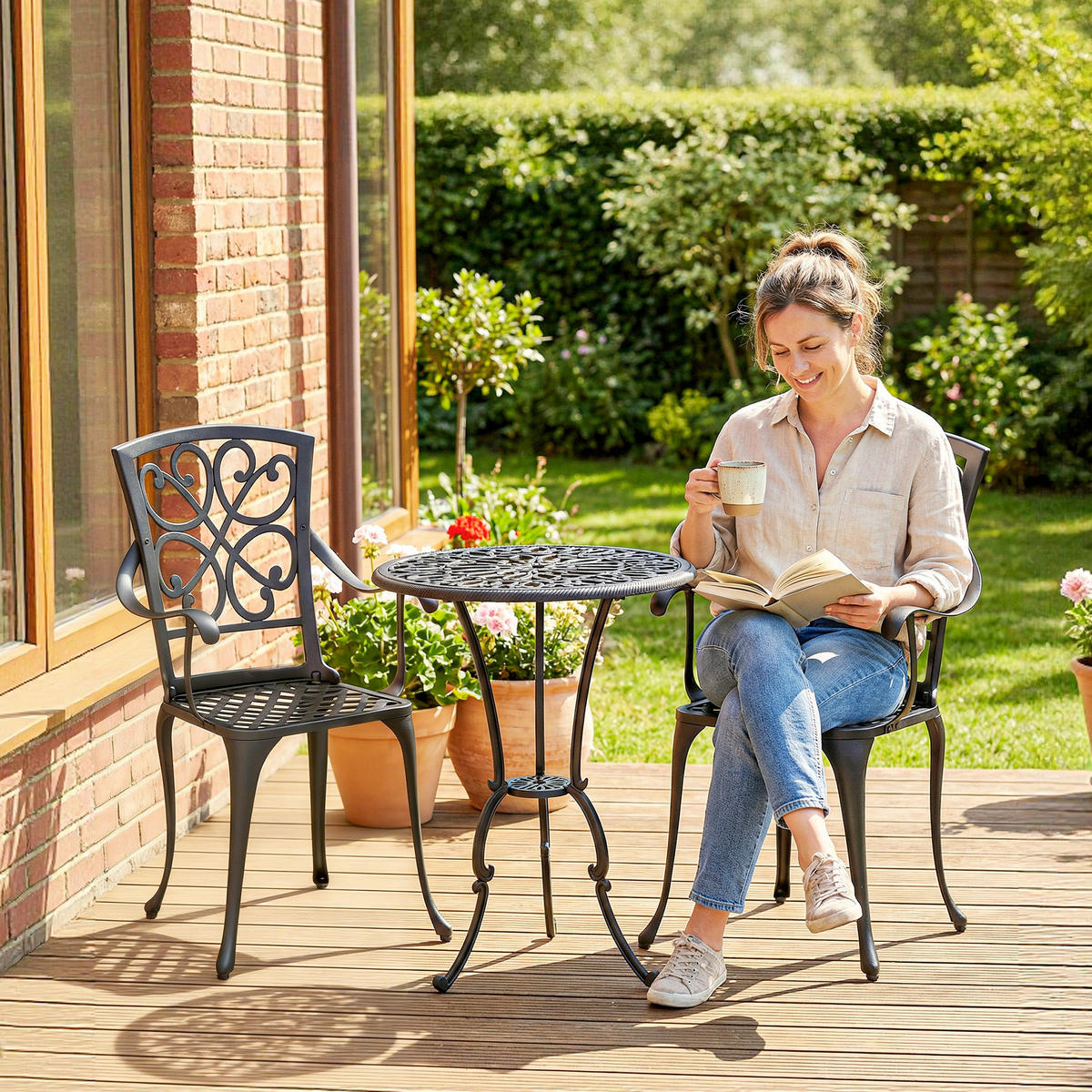 BISTRO-SET 3er Set Gussaluminium Schwarz - Schwarz, Metall - Outsunny