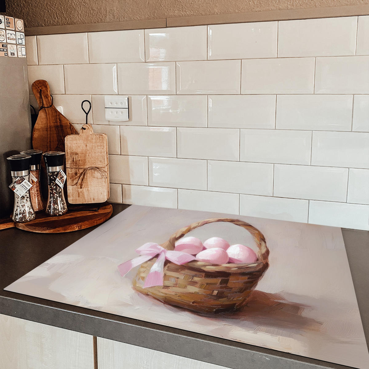 HERDABDECKPLATTE Korb - Eier - Rosa Induktionsmatte 77x59 cm - Beige, Kunststoff (77/59/0.2cm) - MuchoWow