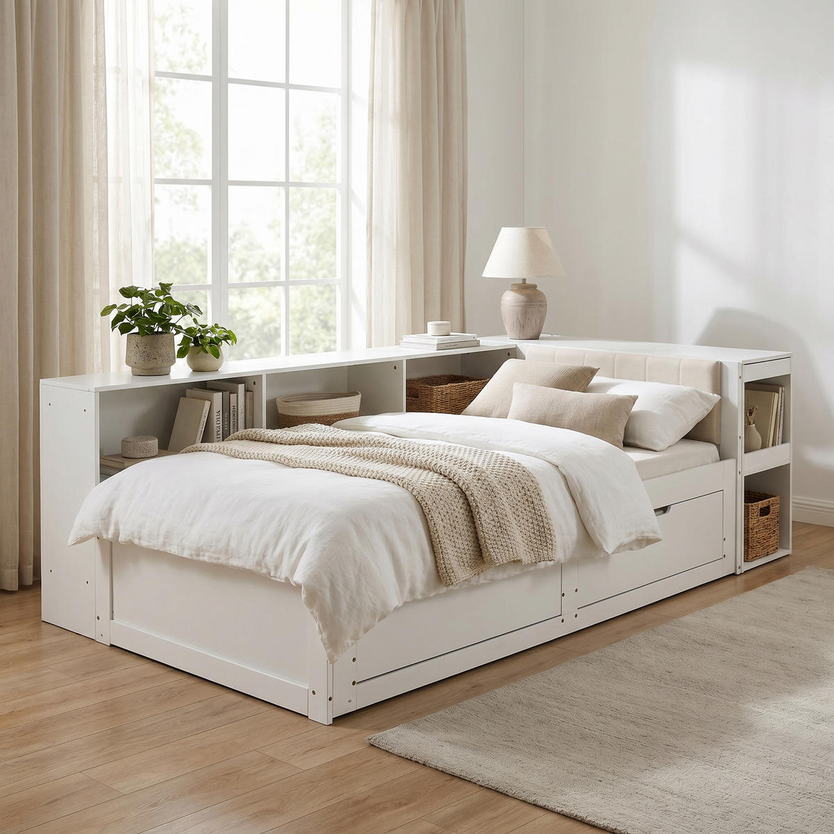 BETT ausziehbar 90x200 cm mit Schreibtisch und 2 Schubladen Weiß - Weiß, Holz (90/200cm) - Meubliv