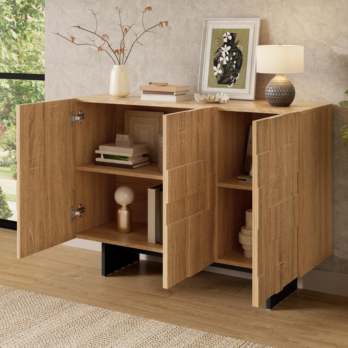SIDEBOARD in Naturfarben und Schwarz mit 3 Türen und verstellbaren Regalböden für Wohnzimmer, B105/T33,5/H76 cm - Schwarz/Naturfarben, Holzwerkstoff (105/76/33.5cm) - STILVORA