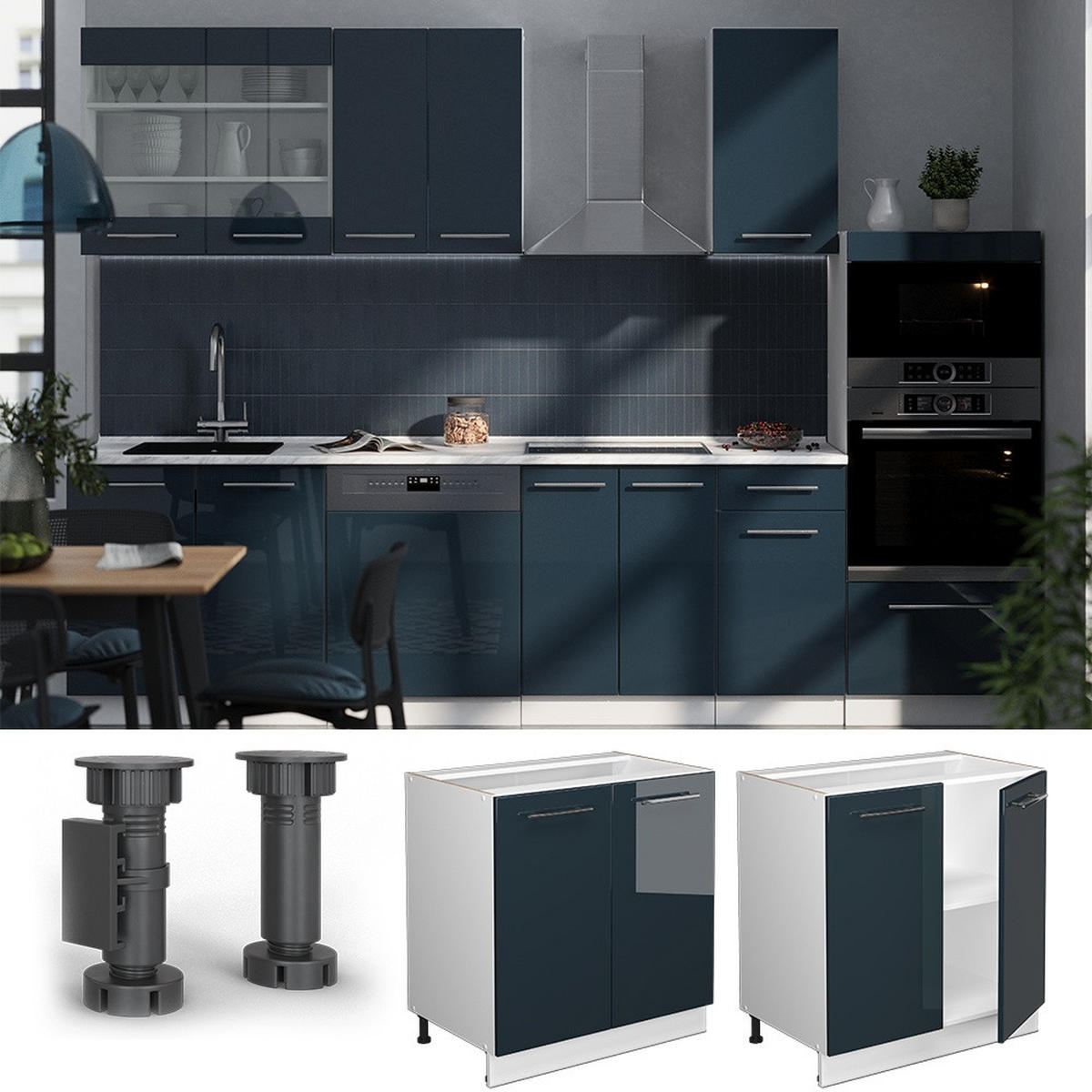 KÜCHENUNTERSCHRANK Fame-Line, Dunkelblau Hochglanz/Weiß, 80 cm Arbeitsplatte Anthrazit - Weiß/Dunkelblau, Holzwerkstoff (80/82/60cm) - Vicco