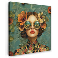 LEINWANDBILD Frau - Blumen - Schmetterlinge - Natur - Vintage Deko Groß 90x90 cm - Salbeigrün, Textil (90/90cm) - MuchoWow