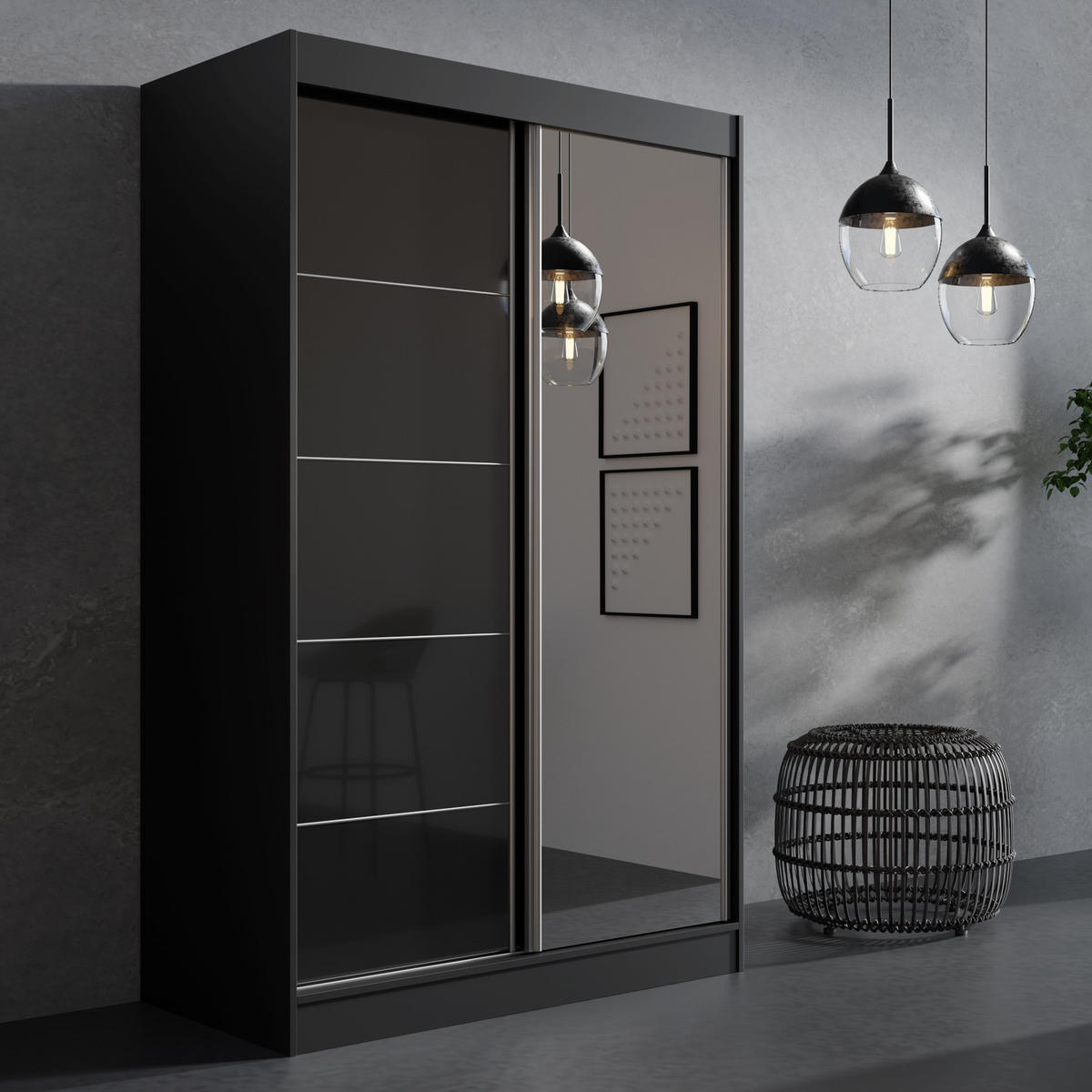 SCHIEBETÜRENSCHRANK mit Spiegel Como 2D1L 120 Schwarz (lacobel) - Silberfarben/Schwarz, Holzwerkstoff/Metall (120/201/65cm) - mzm24