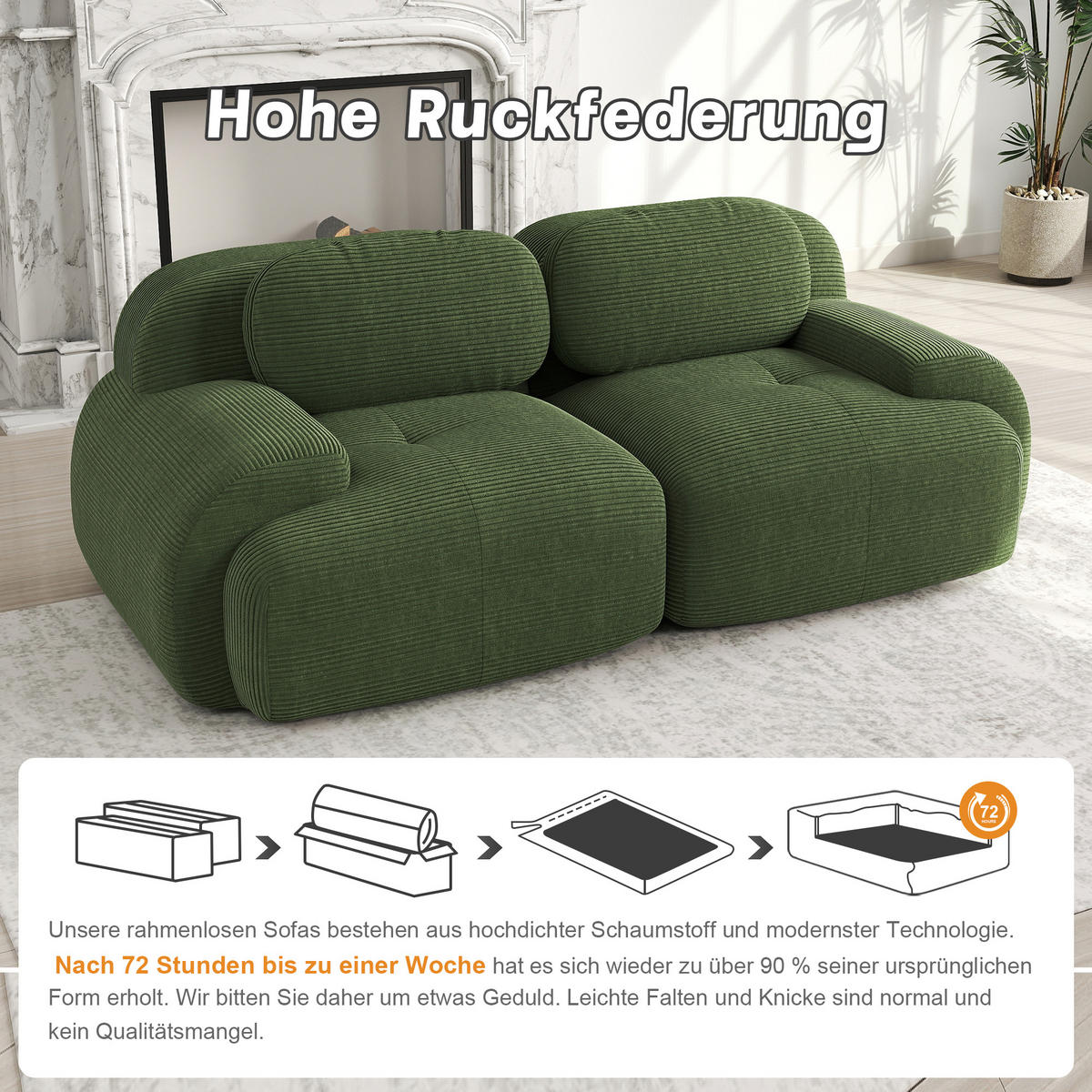 SOFA 2-Sitzer in Grün aus Cord mit modularem Design und geschwungenen Armlehnen - Grün, Textil (208/75/103cm) - CHICFURN