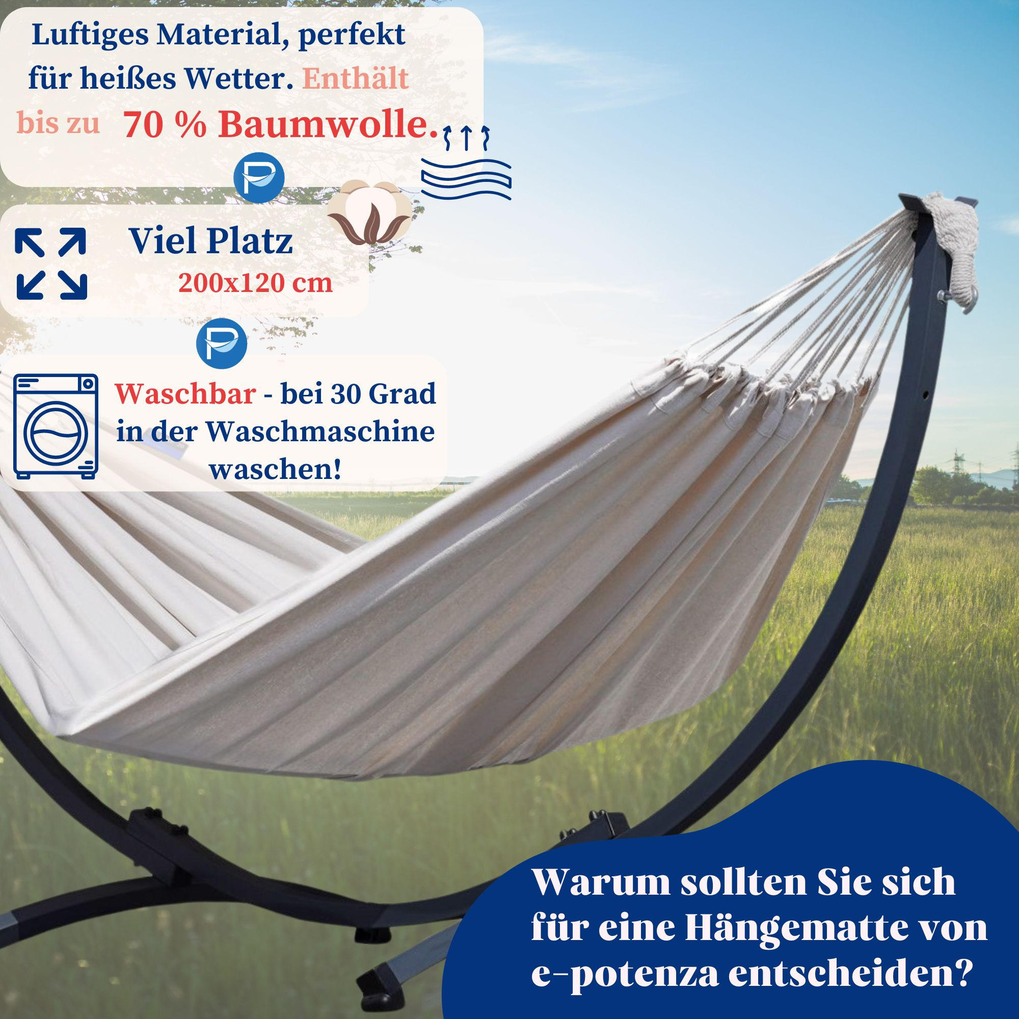HÄNGEMATTE mit Gestell Metal Potenza - Ecru, Metall (98/110/250cm) - Potenza