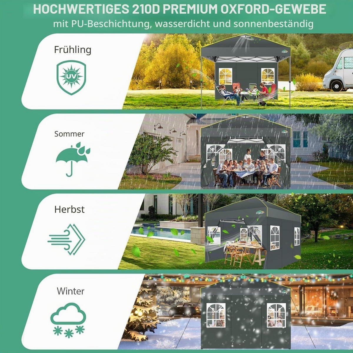 GARTENPAVILLON 3 x 3 m Grau Wasserdicht mit 4 Seitenwänden - Grau, Textil (300/192/300cm)