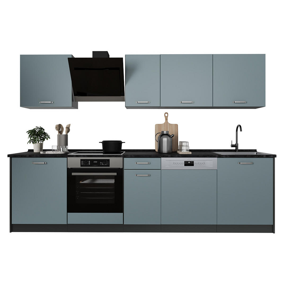 KÜCHENZEILE R-Line, Blau-Grau/Anthrazit, 280 cm ohne Arbeitsplatte - Anthrazit/Blaugrau, Holzwerkstoff (280/206.8/46cm) - Vicco