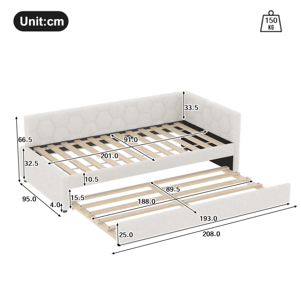 POLSTERBETT 90/200 cm mit Ausziehbett, USB-C und Nachtlicht in Weiß - Weiß, Textil (90/200cm) - BEAOK