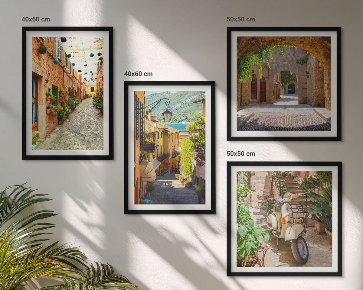WANDBILDER 4er-Set - 50x50 cm & 40x60 cm Schwarzer Rahmen - Charmante Straßen und Pizza - Schwarz, Kunststoff (50/50cm) - ArtPrintCave