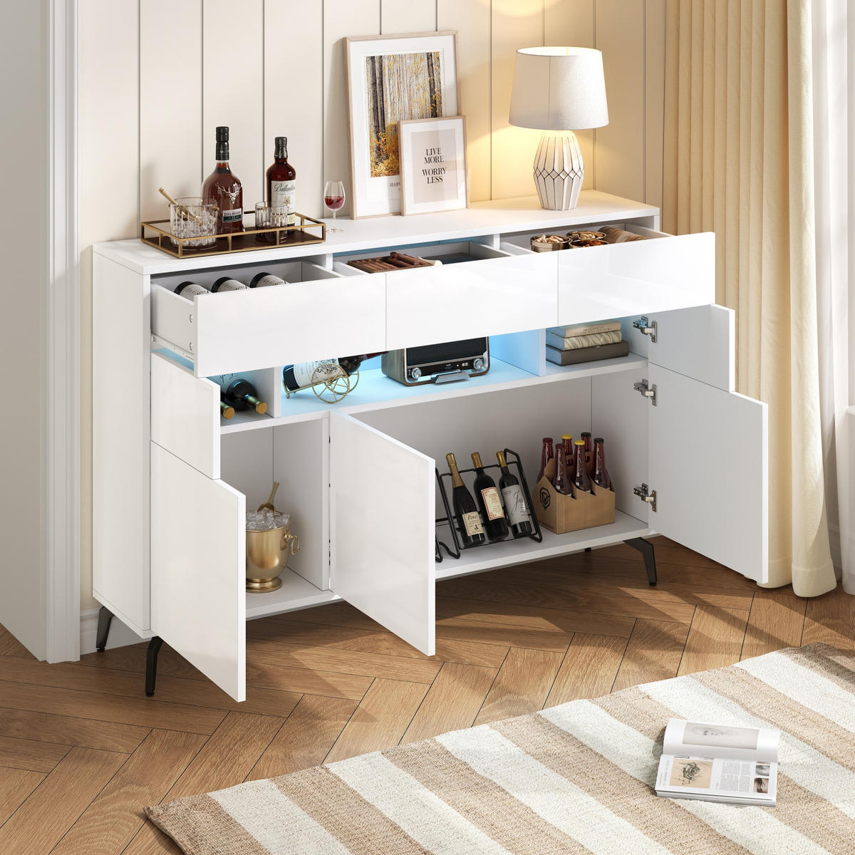 SIDEBOARD LED Weiß 3 Schubladen 5 Türen 140x30x94cm Hochglanz - Weiß, Holzwerkstoff (30/94/140cm) - FLIEKS
