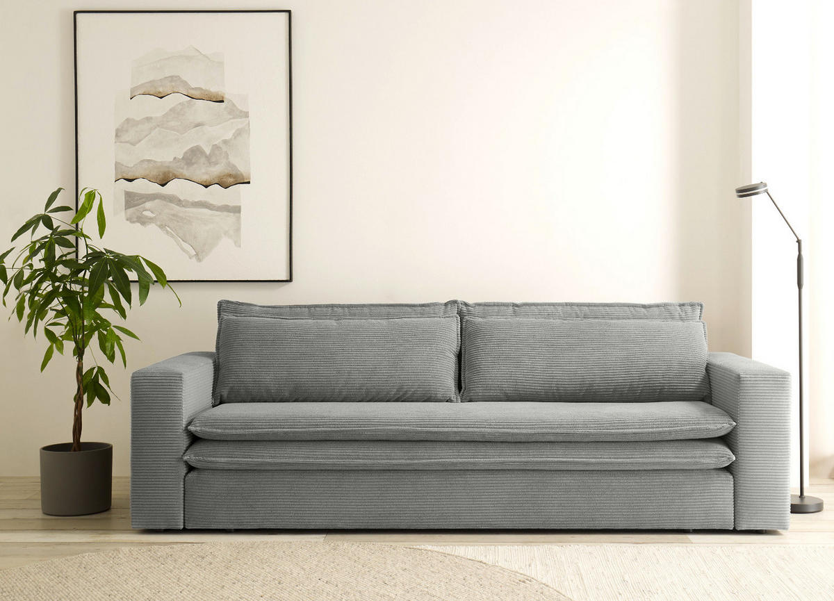 SCHLAFSOFA hellgrau Cord, Sofa 3-Sitzer mit Bettfunktion 244 cm - Beige/Hellgrau, Holz/Textil (244/83/91cm) - Furn.Design