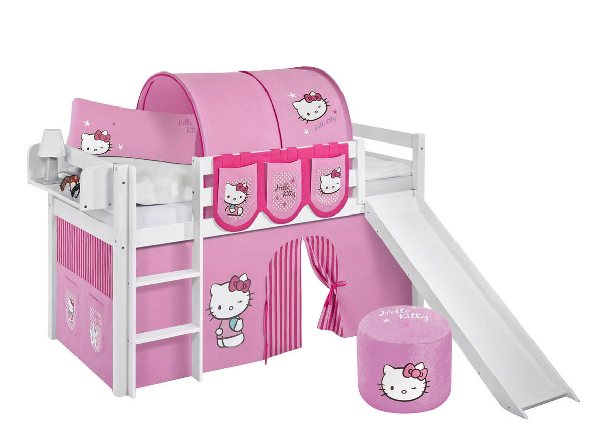 SPIELBETT JELLE Hello Kitty Rosa - Hochbett - mit Rutsche und Vorhang - Weiß, Holz - Lilokids