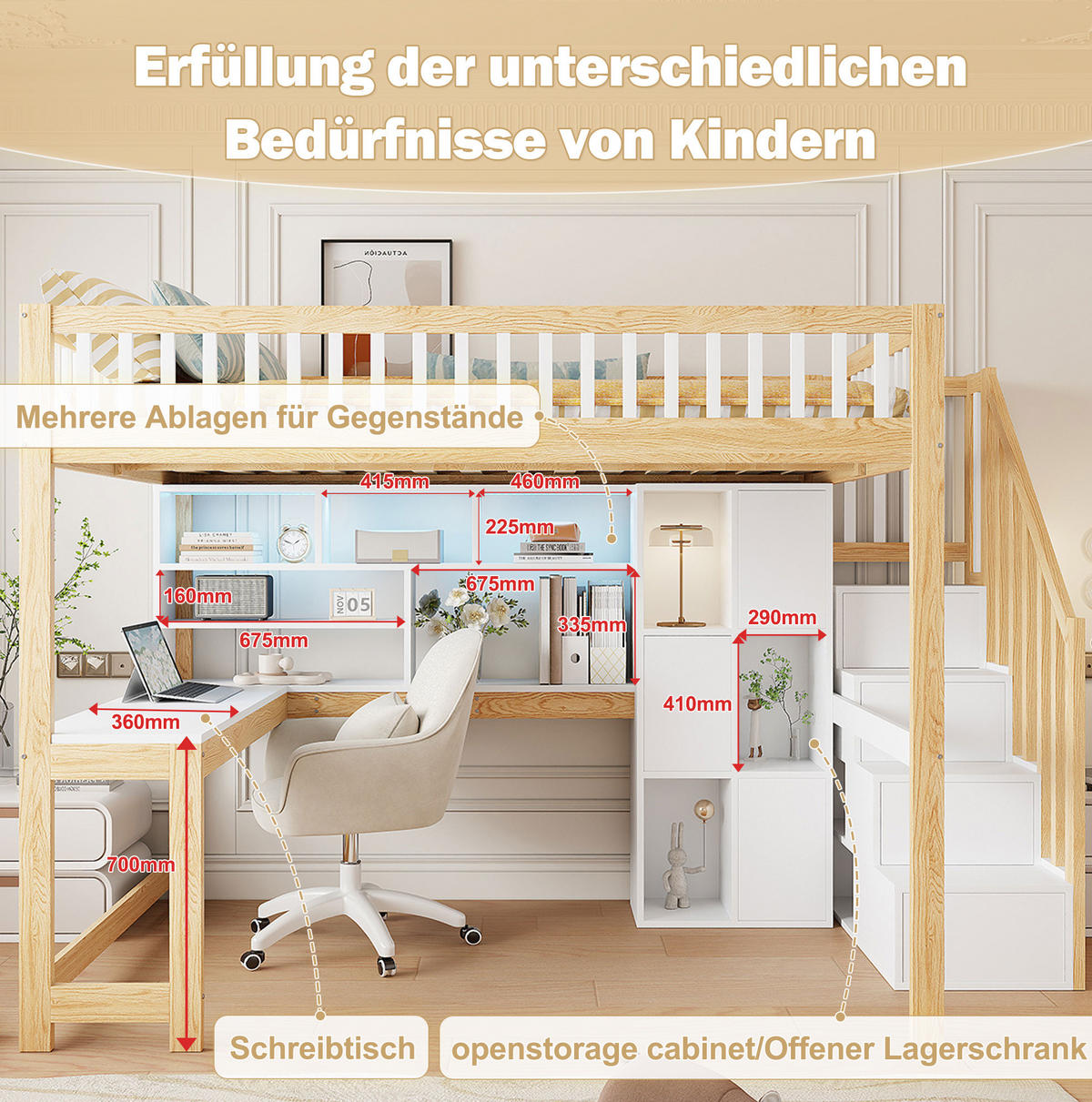 HOCHBETT 140/200 cm aus Kiefernholz und MDF mit LED-Beleuchtung, Ablageleiter, Regalen und Schreibtisch, Weiß/Natur - Weiß, Holz (140/200cm) - Redom