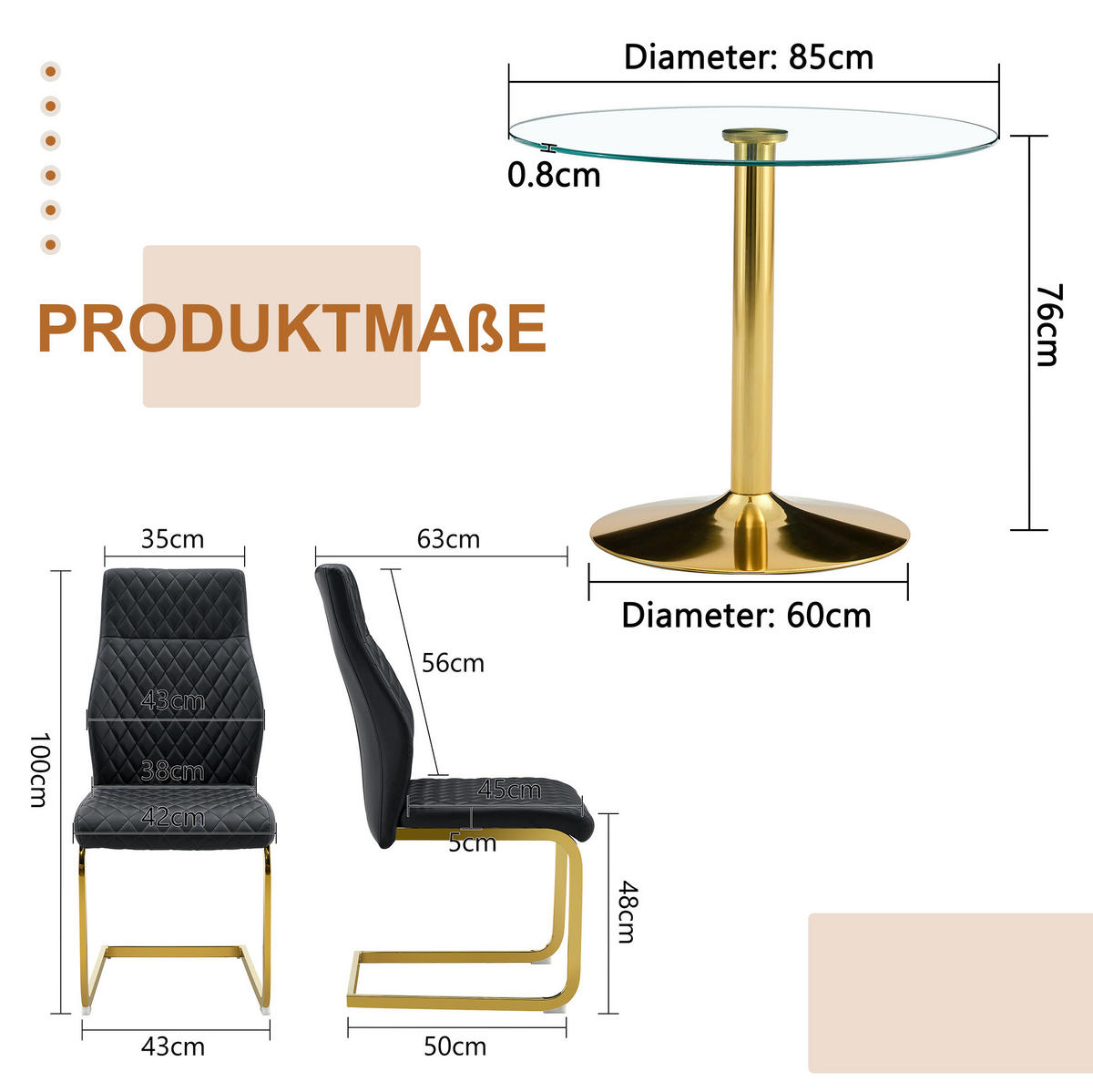 ESSZIMMER-SET Glastisch mit 2 Stühlen 85 cm Schwarz/Gold - Multicolor, Metall (85/76/85cm) - Meubliv