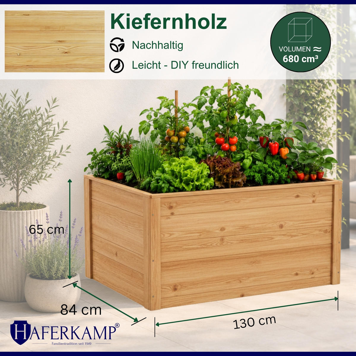 HOCHBEET HARZ aus Holz mit Schutzfolie 65x130x84 cm Außenbereich Natur Holz - Naturfarben, Holz (130/65/84cm)