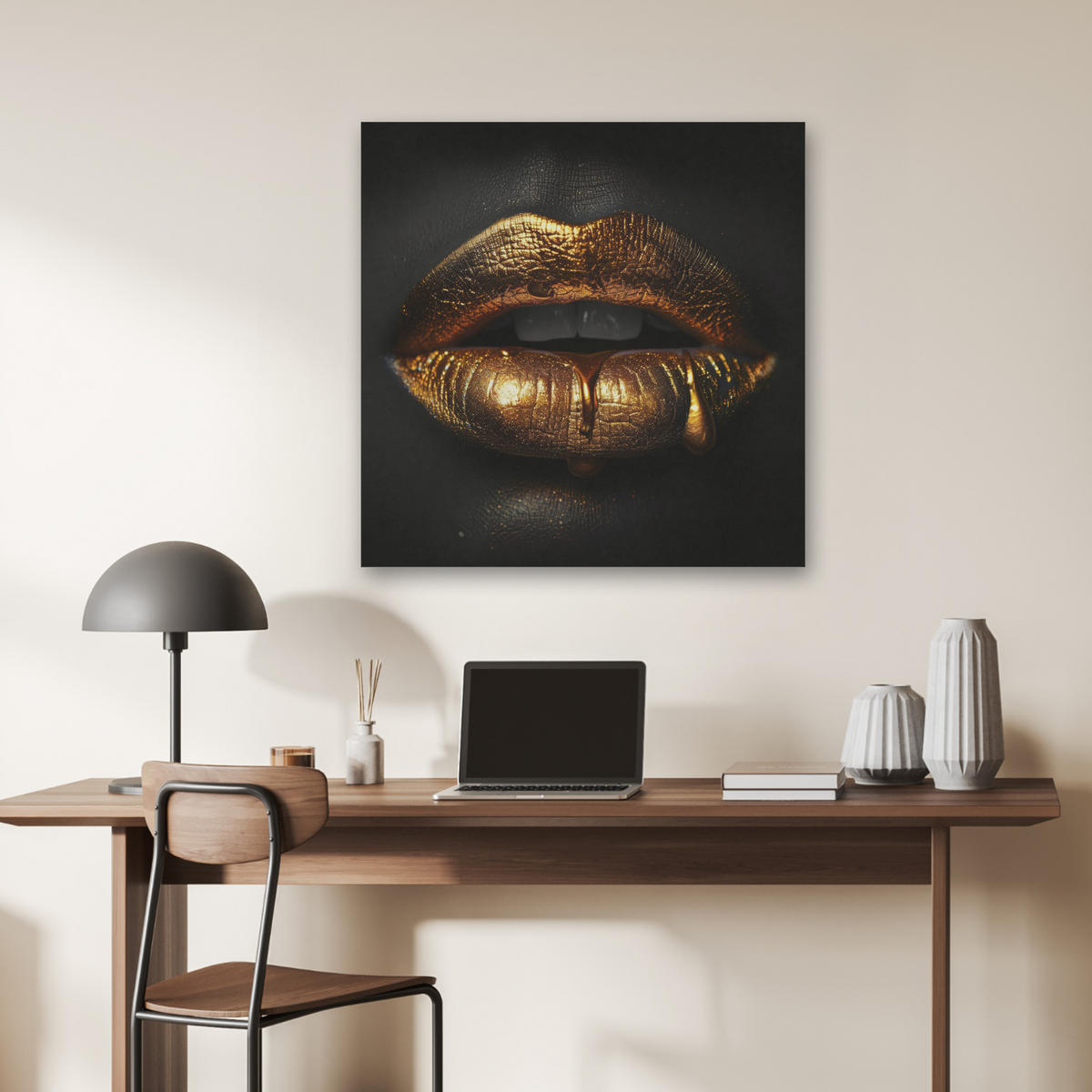 AKUSTIKBILD Frau - Porträt - Lippen - Gold - Schwarz Akustikpaneele 80x80 cm - Schwarz, Kunststoff (80/80/0.9cm) - MuchoWow