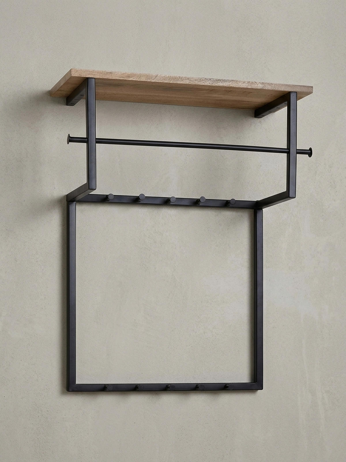 WANDGARDEROBE Massivholz Metall Modern mit 10 Haken, Kleiderstange und Ablage - Schwarz, Holz/Metall (60/76/26cm) - KADIMA DESIGN