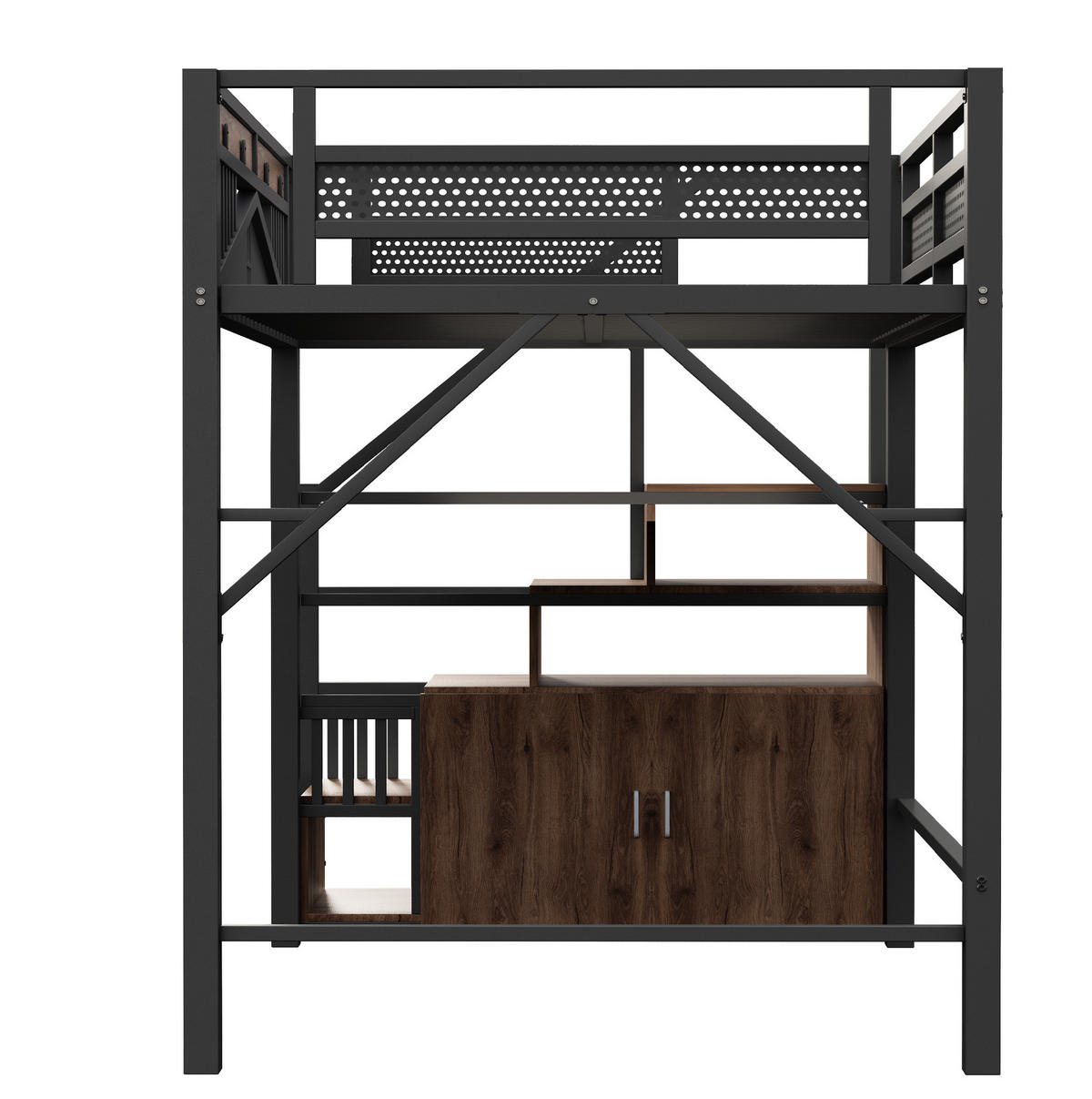 HOCHBETT aus Metall und Holz 140x200 cm Schwarz mit Stauraumtreppe, Schrank und Sicherheitszaun - Schwarz, Metall (140/200cm) - Modfu