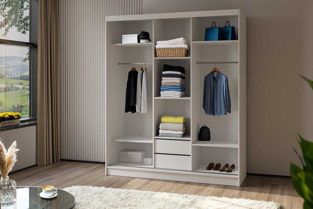 SCHWEBETÜRENSCHRANK Cabinio Weiß Eiche Artisan 180/216/61 cm – Modern, mit Lamellen - Walnussfarben/Weiß, Holzwerkstoff/Kunststoff (180/216.1/61cm) - AX Living