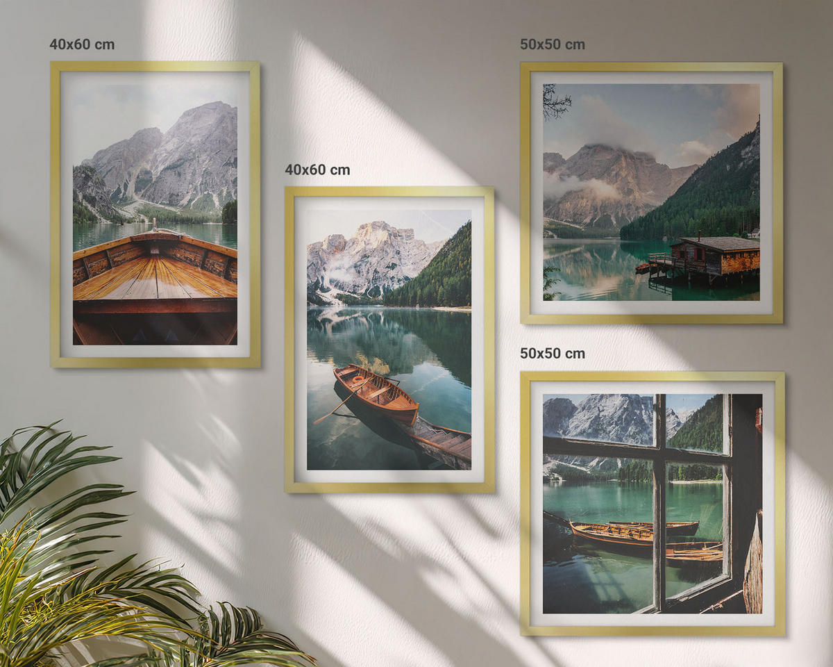WANDBILDER 4er Set - 50x50 cm & 40x60 cm Goldrahmen - See, Berge, Boote, Hütte, Fenster - Goldfarben, Kunststoff (50/50cm) - ArtPrintCave