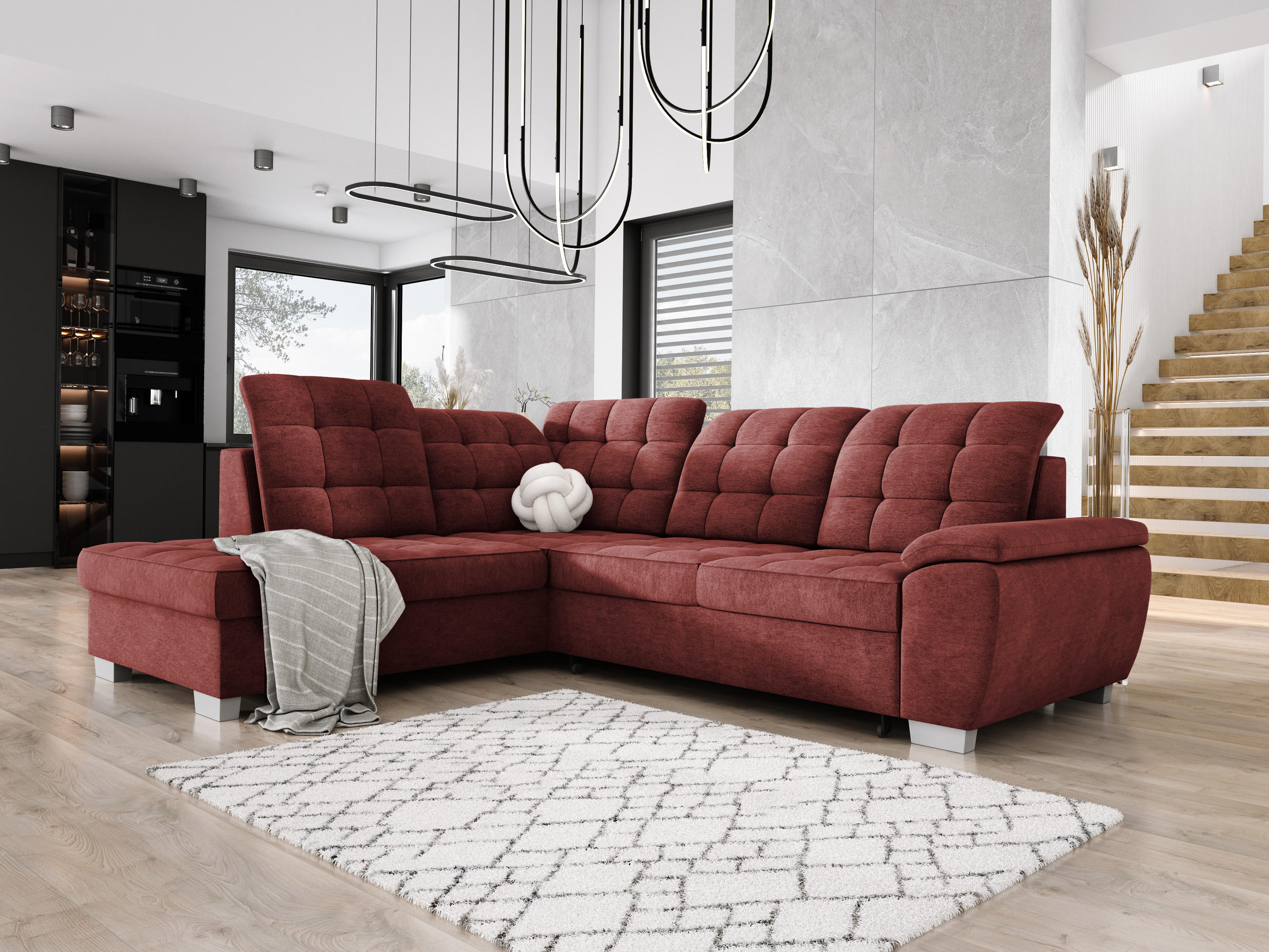 ECKSOFA LOTTA L-förmig Bettkasten verstellbare Kopfstützen hochwertige Verarbeitung lose Rückenkissen freistehend LINKS 212x258x106 cm Bordeaux - Bordeaux, Holz/Textil (212/258cm) - DomoHome