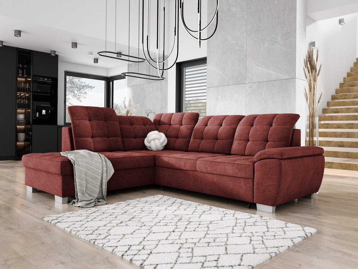 ECKSOFA LOTTA L-förmig Bettkasten verstellbare Kopfstützen hochwertige Verarbeitung lose Rückenkissen freistehend LINKS 212x258x106 cm Bordeaux - Bordeaux, Holz/Textil (212/258cm) - DomoHome