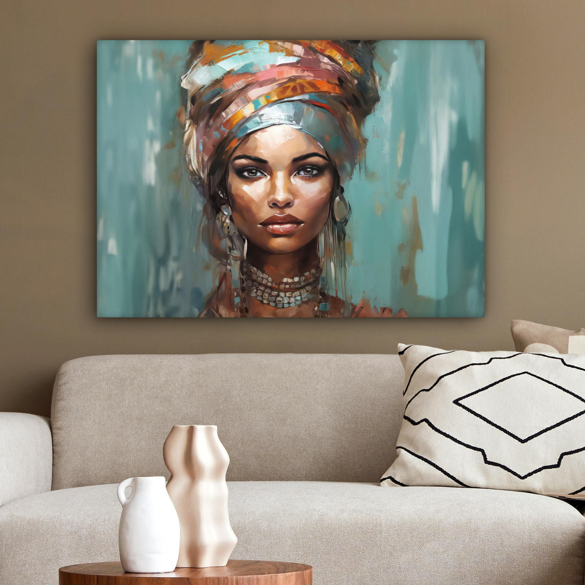 LEINWANDBILD Frau - Kunst - Schmuck - Porträt Wandbilder 80x60 cm - Blaugrau, Textil (80/60cm) - MuchoWow