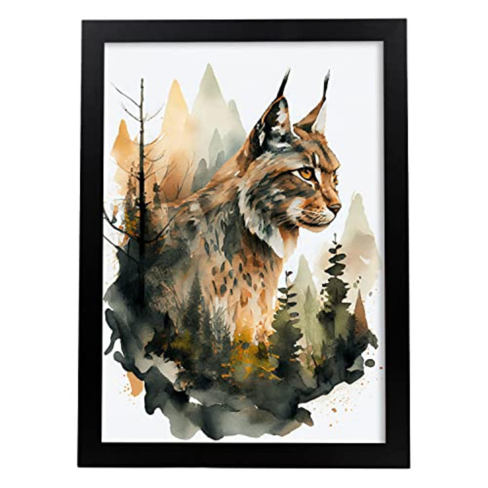 POSTER Luchs 2 Im Aquarell Stil. A3 Schwarzer Rahmen - Schwarz, Papier (29.7/5/42cm) - Nacnic