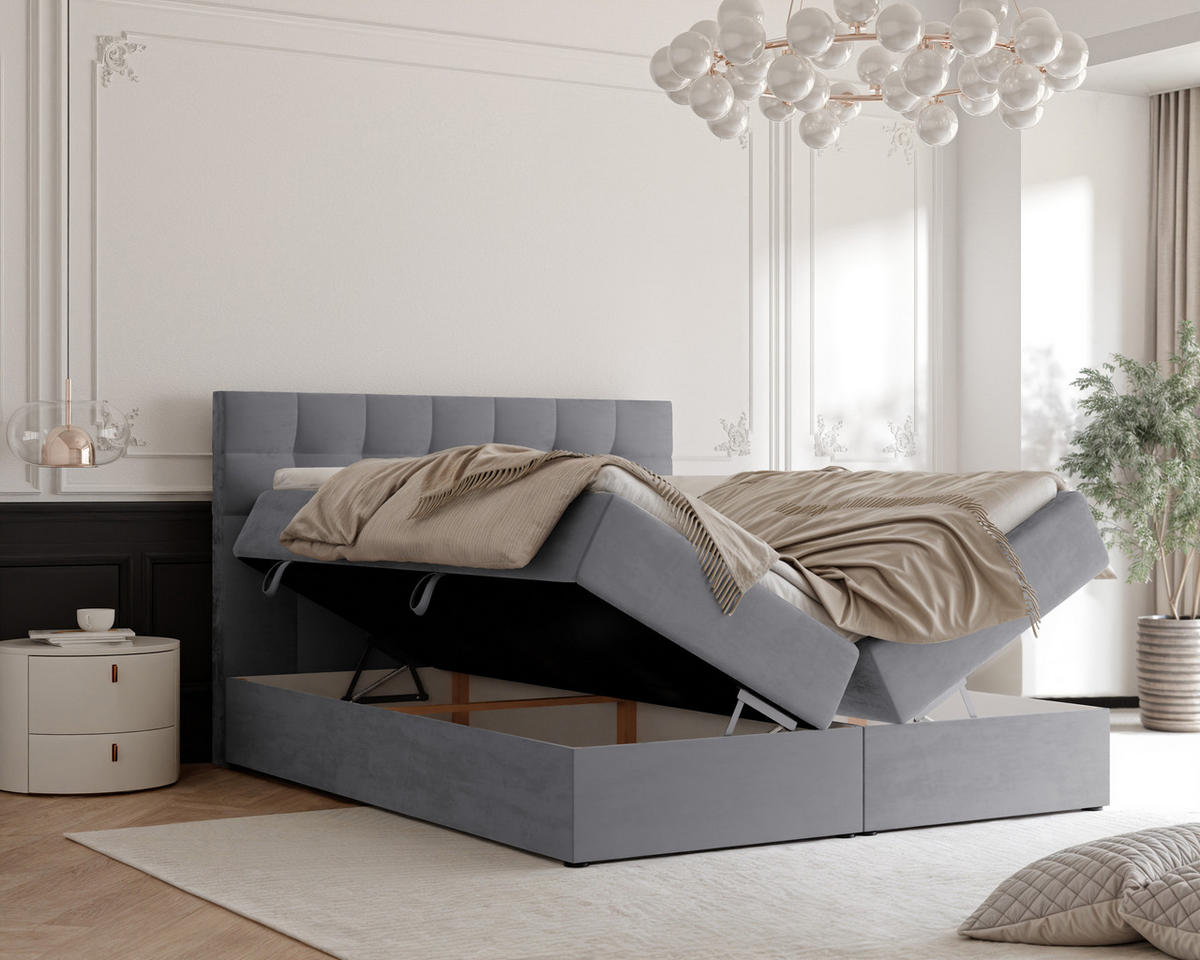BOXBETT GRAND 180/200 cm, in Hellgrau, mit Matratze und Topper - Hellgrau, Holzwerkstoff/Textil (180/200cm) - Idohome
