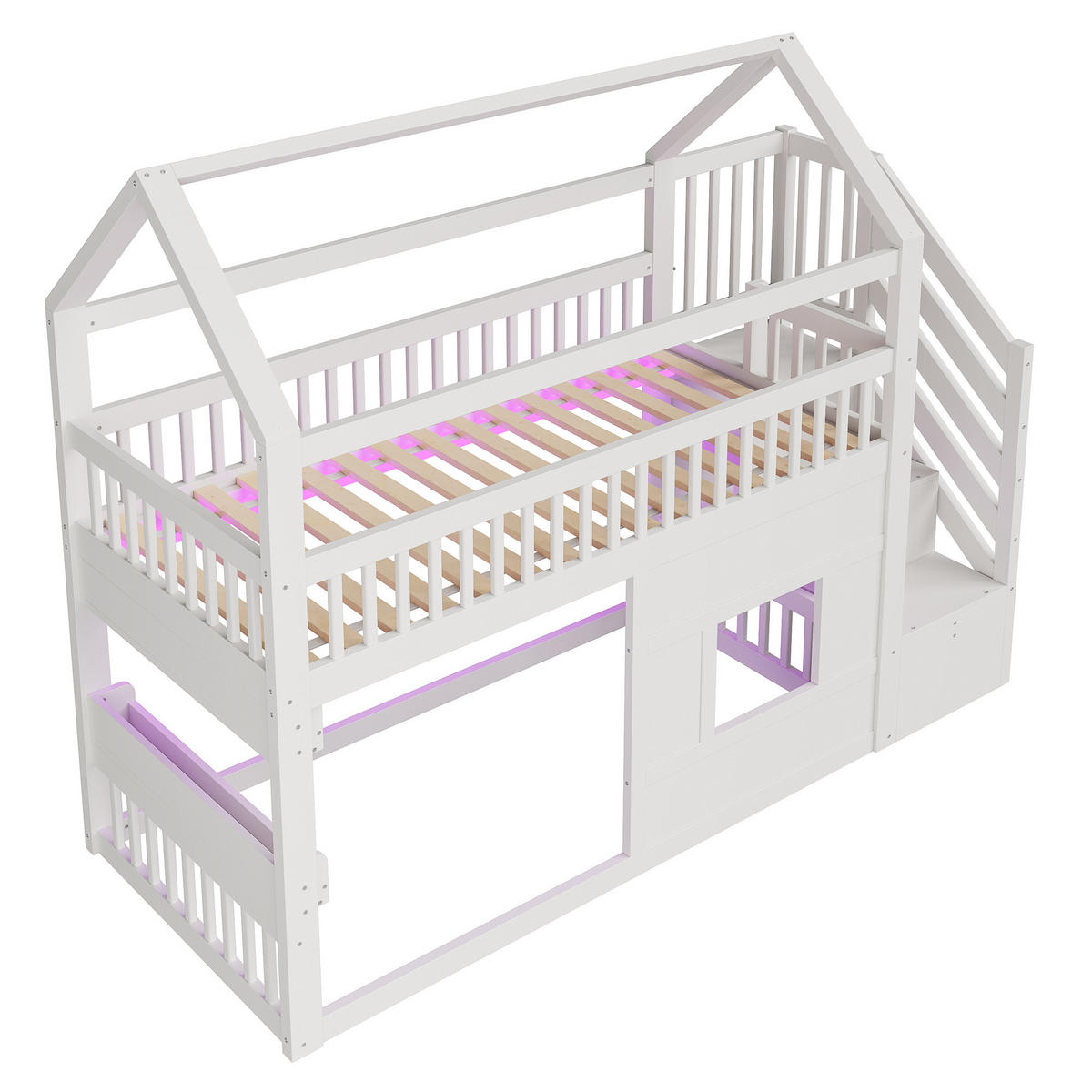 HAUSBETT 90/200 cm in Weiß mit Treppe, Ablage und LED aus Kiefernholz - Weiß, Holzwerkstoff - STILVORA