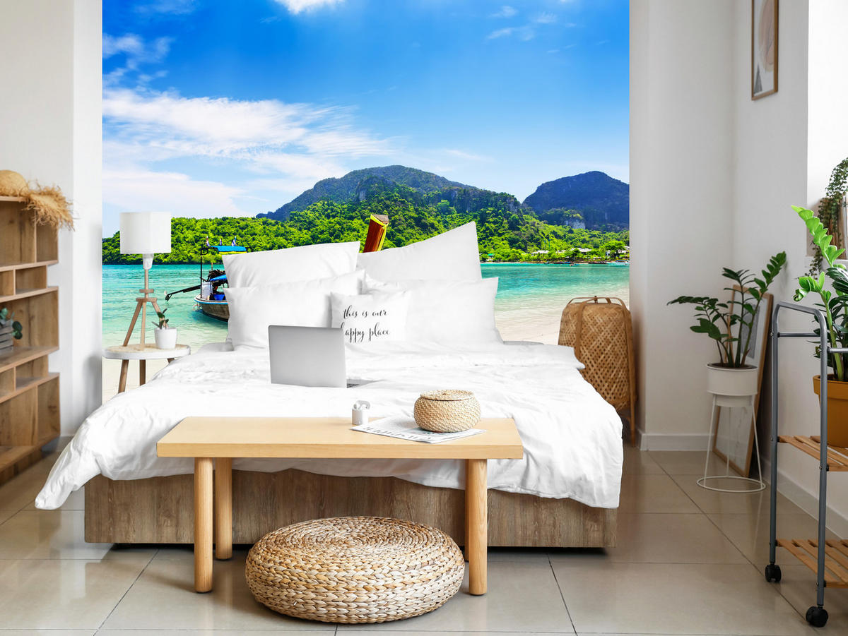 FOTOTAPETE für Schlafzimmer Boot Tropenstrand Palmen Meer 200x140 - Türkis/Blau, Papier (200/140cm) - Muralo