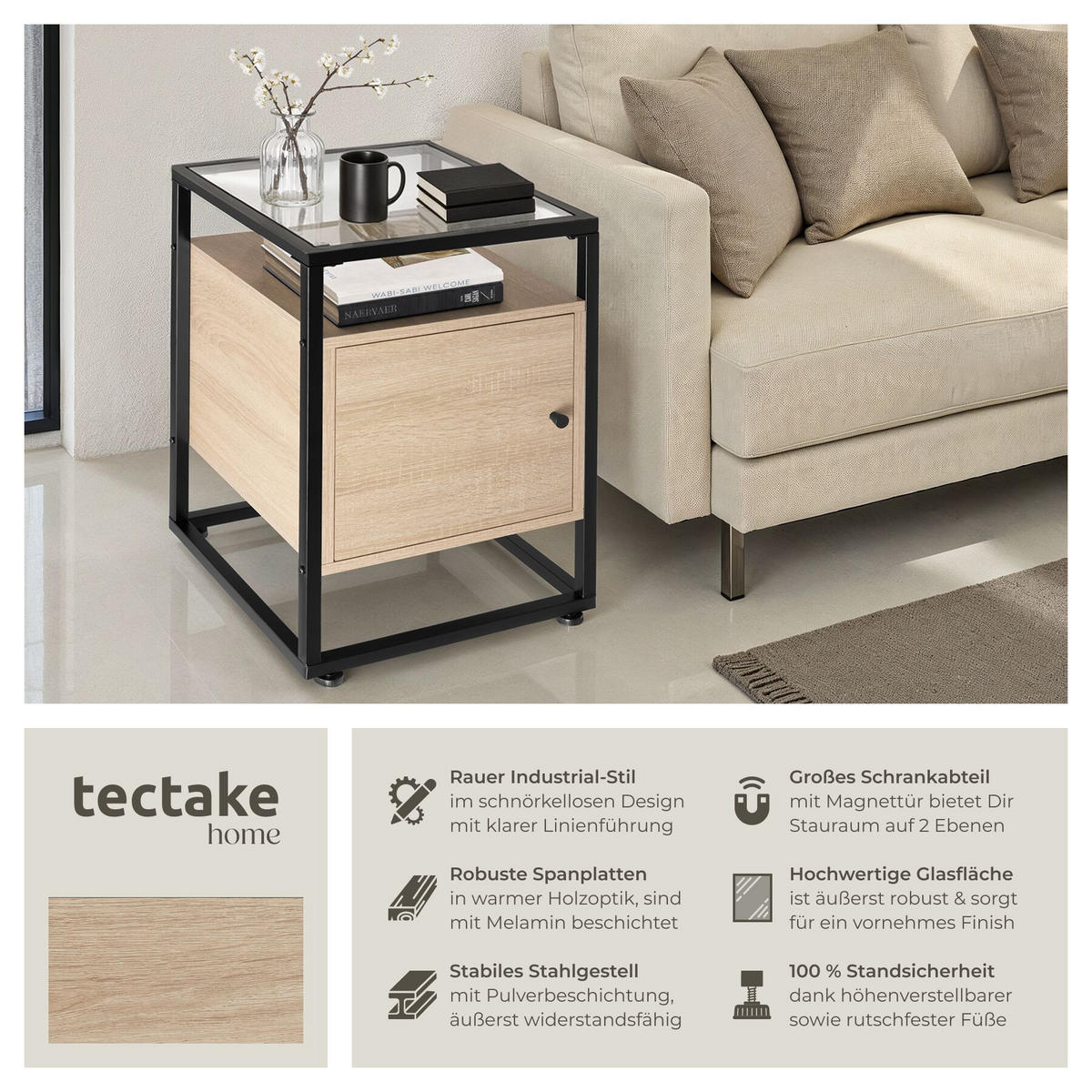 NACHTSCHRANK Dudley, 40 x 43 x 60,5 cm, Industrial Holz hell, Eiche Sonoma - Naturfarben, Holzwerkstoff (40/60.5/43cm) - tectake