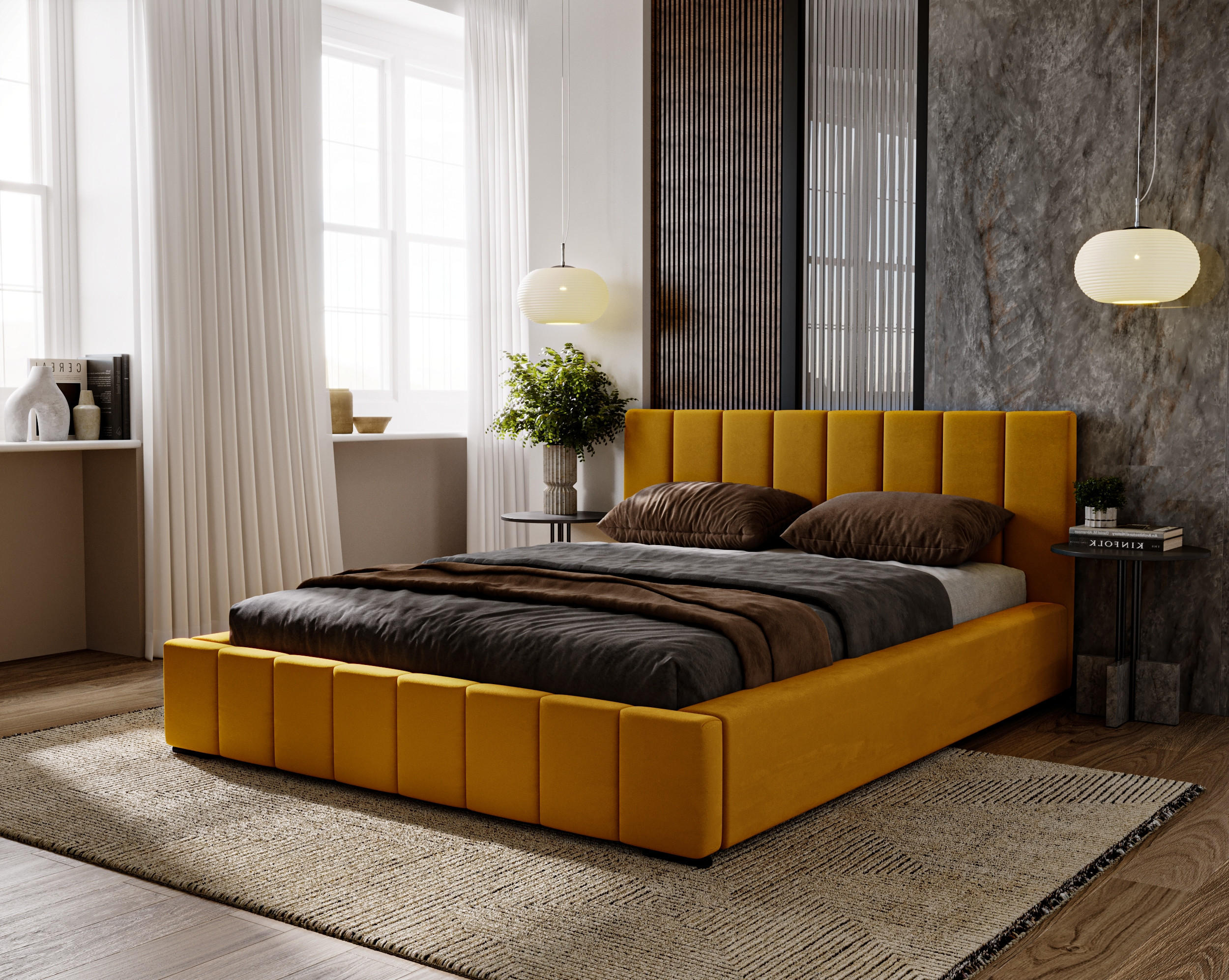 POLSTERBETT Nero 120x200 cm, Doppelbett mit Bettkasten und Lattenrost aus Holz, Velourstoff: Gelb - Gelb, Holz/Textil (120/200cm) - Marpur