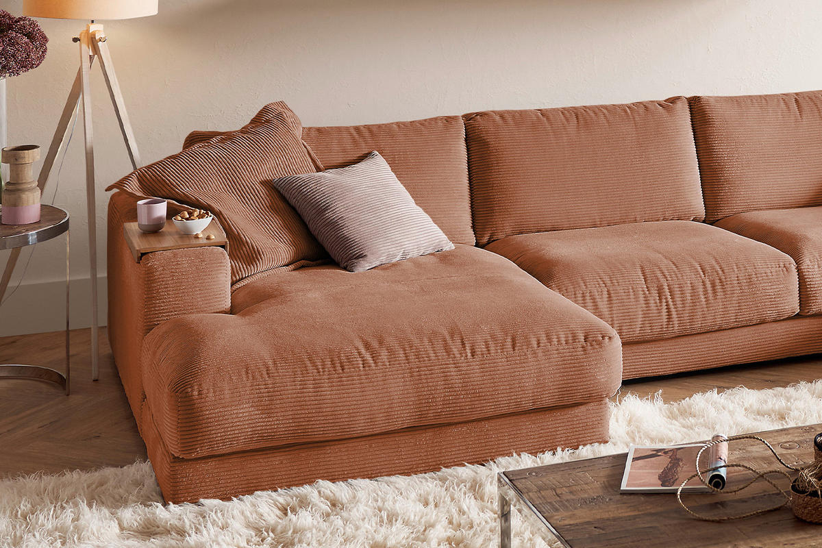 WOHNLANDSCHAFT MADELINE Braun Cord - Rotbraun/Schwarz, Kunststoff/Textil (425/86/224cm) - KAWOLA