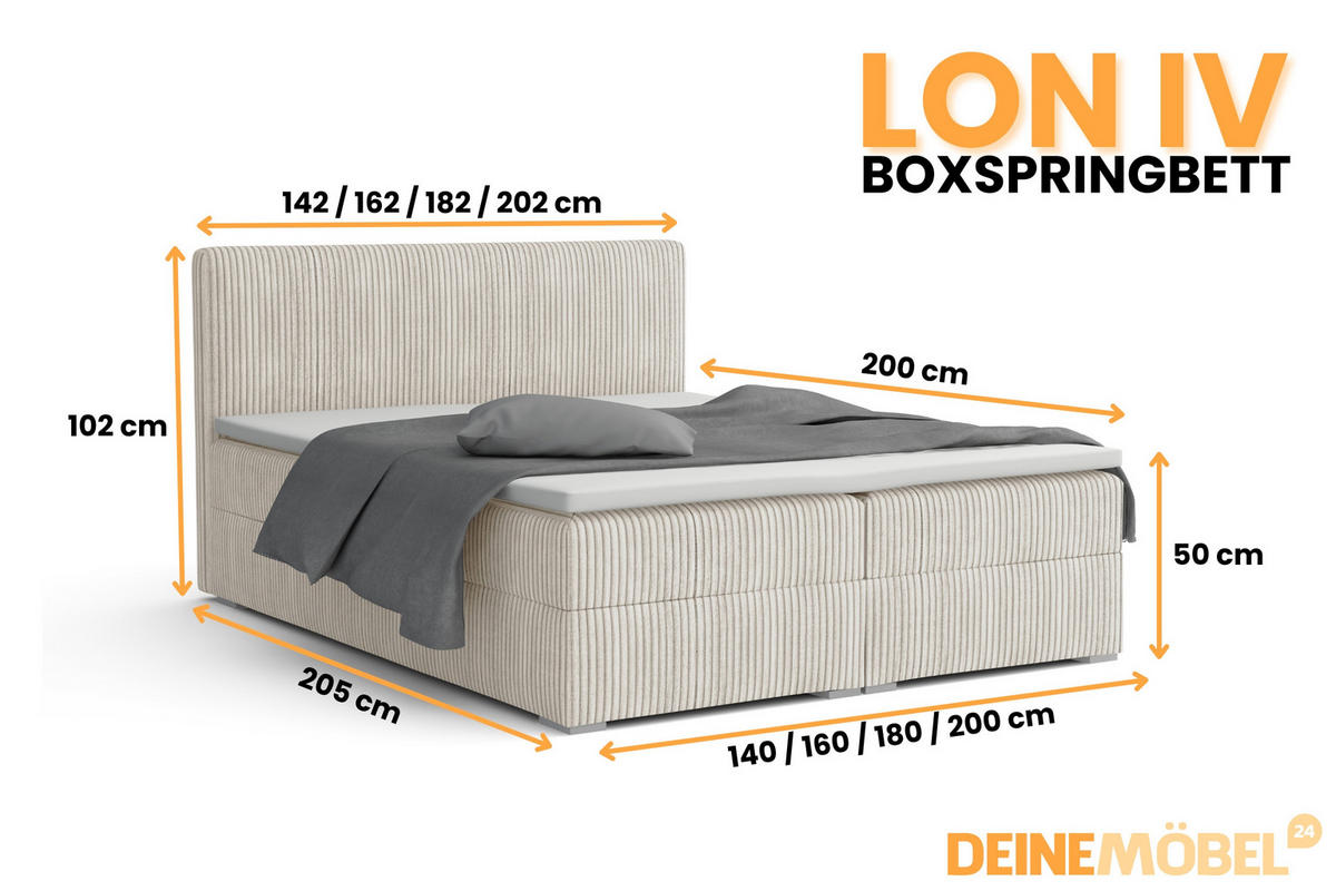 BOXBETT LON IV 140/200 in Cord Ecru H4 - Ecru, Holz/Holzwerkstoff (140/200cm) - Deine Möbel 24