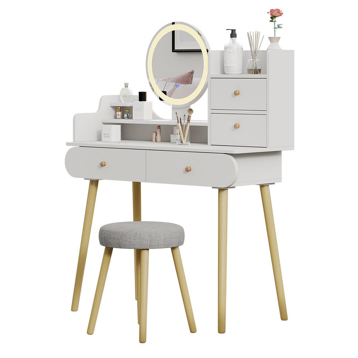 TOALETNÍ STOLEK Edda Bílá 100 cm se zrcadlem LED a stoličkou - bílá, kompozitní dřevo (100/130/40cm) - Vicco