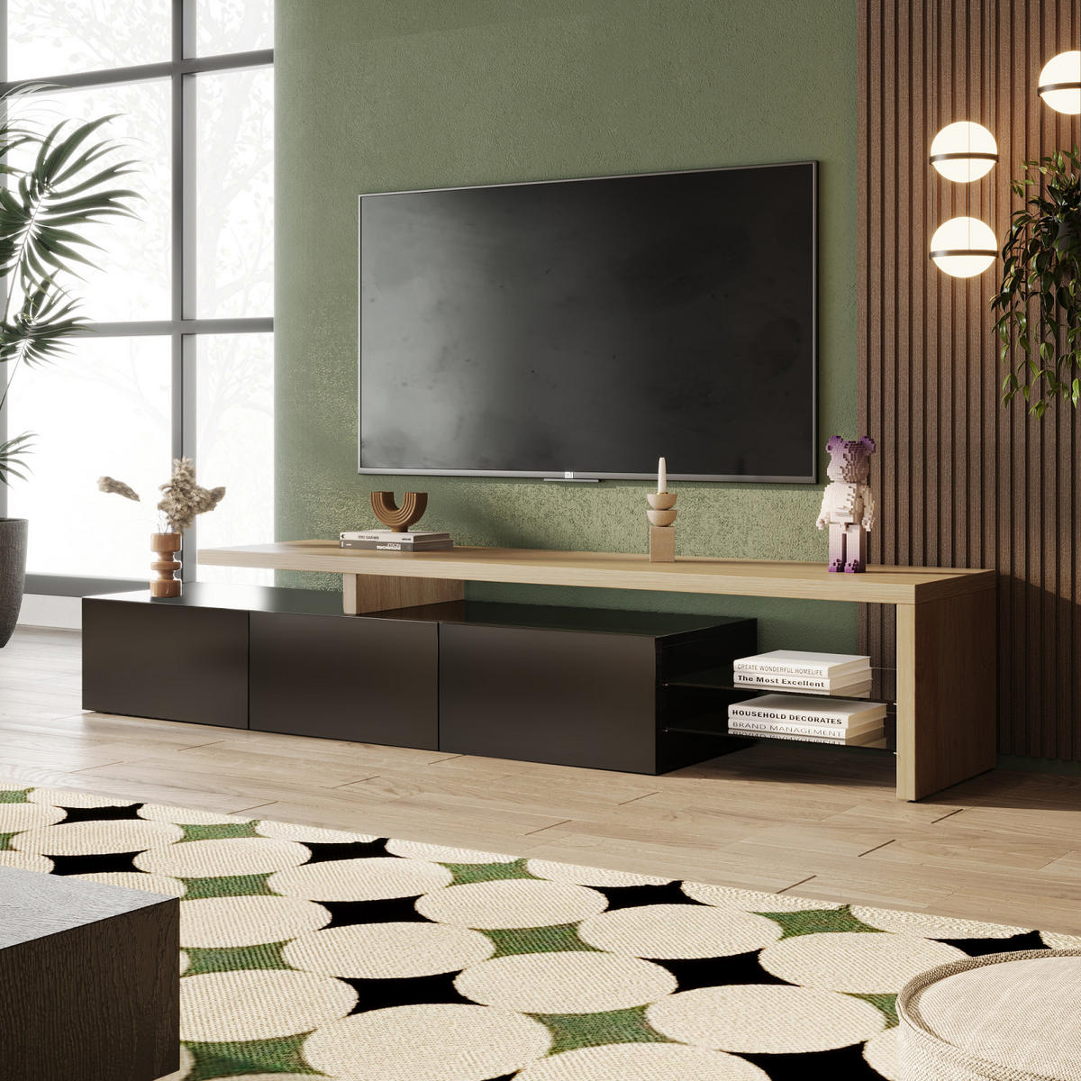 TV LOWBOARD 200x39x42 cm LED 7 Farben Tischplatte schwarz - Schwarz, Holz (200/42/39cm) - LEBENLANG