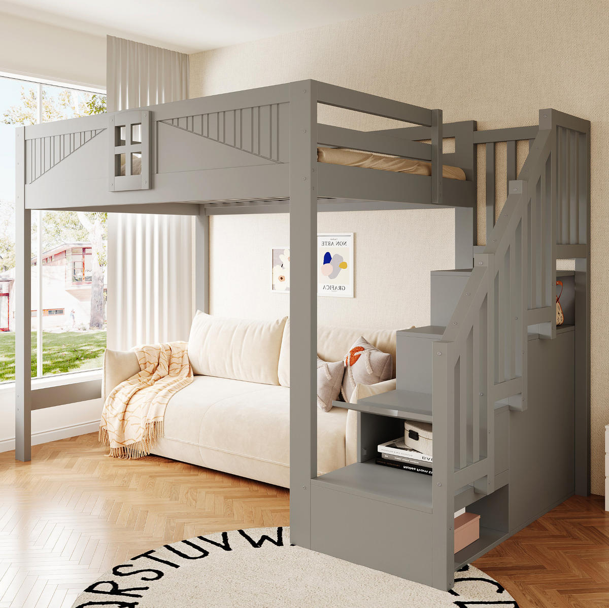 HOCHBETT 140x200 cm in Grau mit Stauraumtreppe und Sicherheitsgeländer - Grau, Holz (140/200cm) - IVMEU
