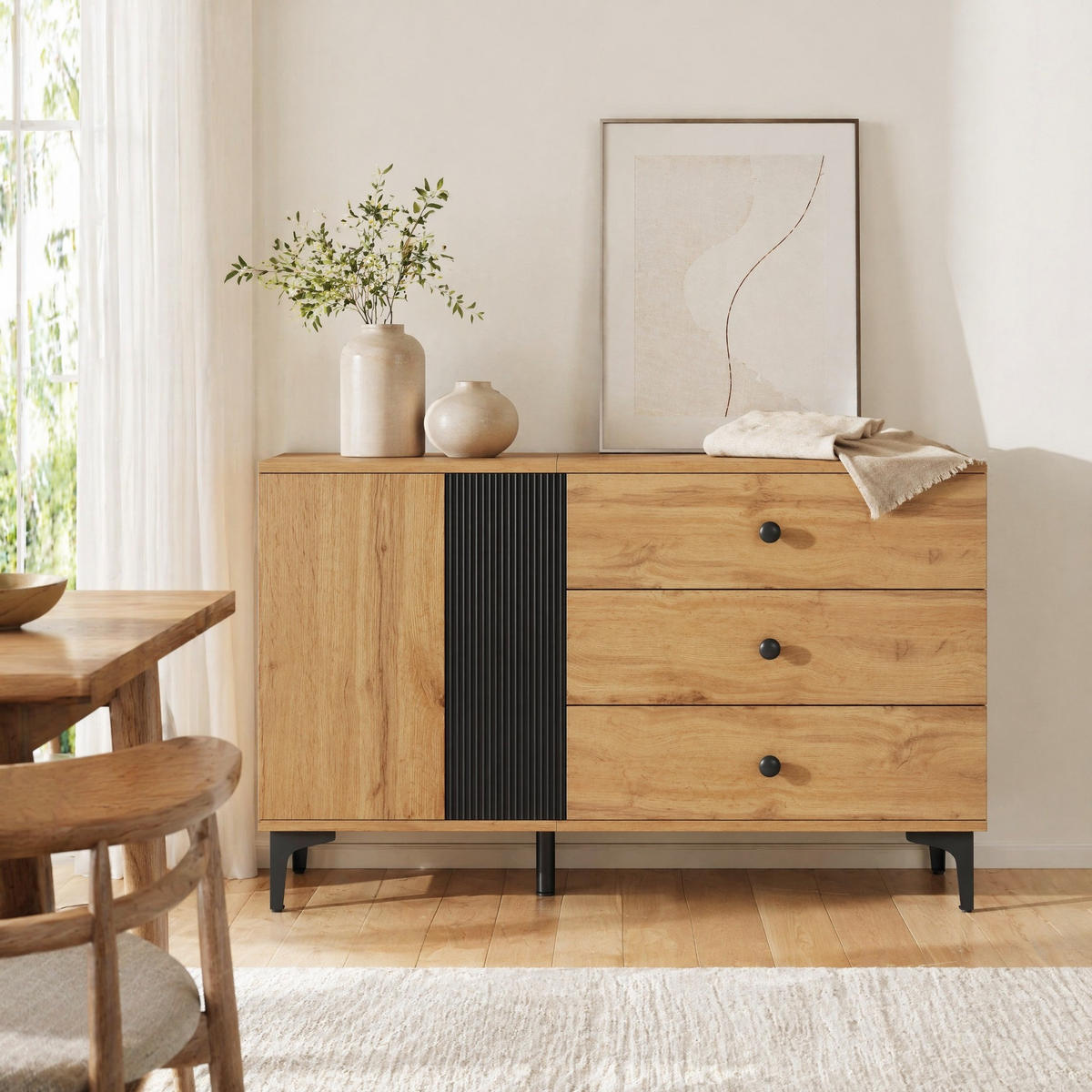 KUCHYŇSKÁ SKŘÍŇ bílá, úložný prostor, moderní minimalistický design, do obývacího pokoje, 120×35×76 cm - přírodní/černá, kov/kompozitní dřevo (120/76/35cm) - STILVORA