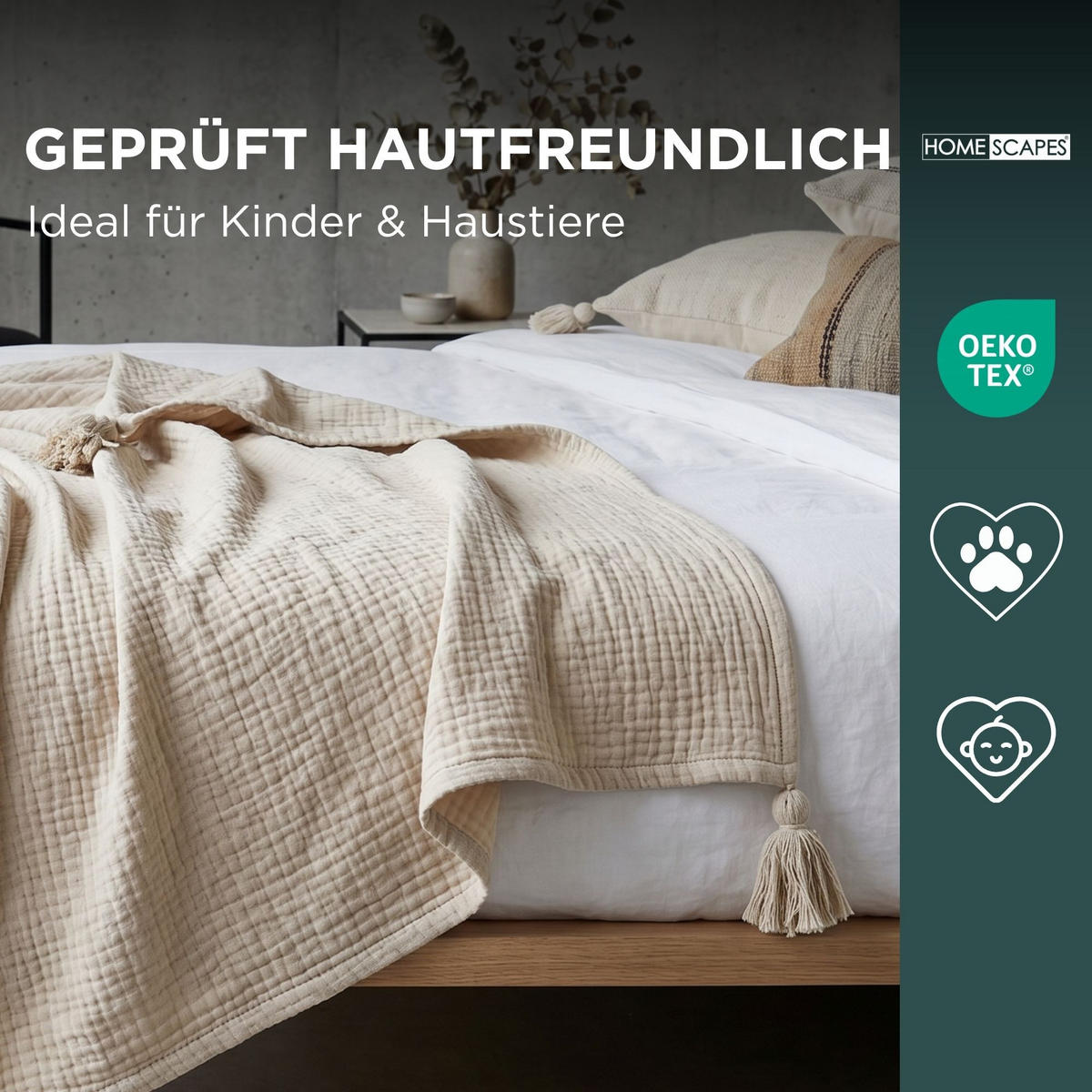 WOHNDECKE Musselin offwhite mit Quasten - Creme, Textil (127/180cm) - Homescapes