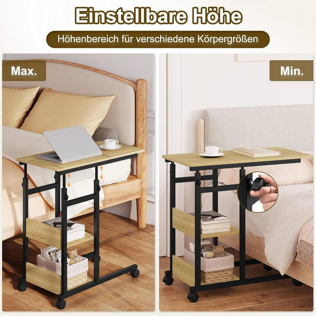 BEISTELLTISCH C Form, mit Rollen, helle Eiche + Schwarz - Eichefarben/Schwarz, Holzwerkstoff/Metall (40/80/76cm) - Woltu