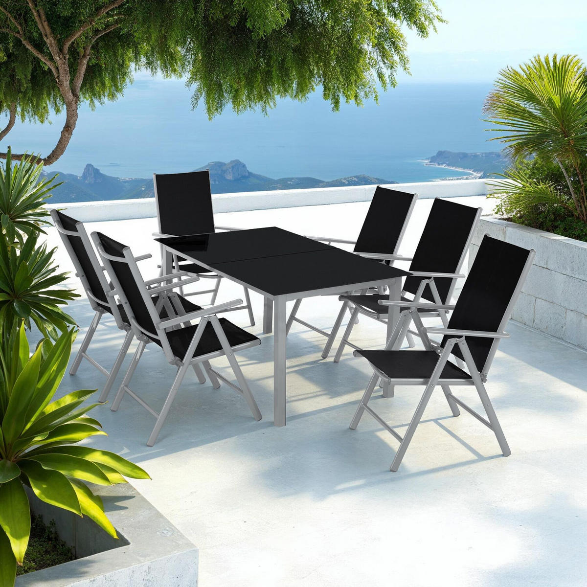 SITZGRUPPE Ercolano,Tisch mit Sicherheitsglasplatten und Ausgleichsschrauben,silber - Silberfarben, Naturmaterialien/Kunststoff - tectake