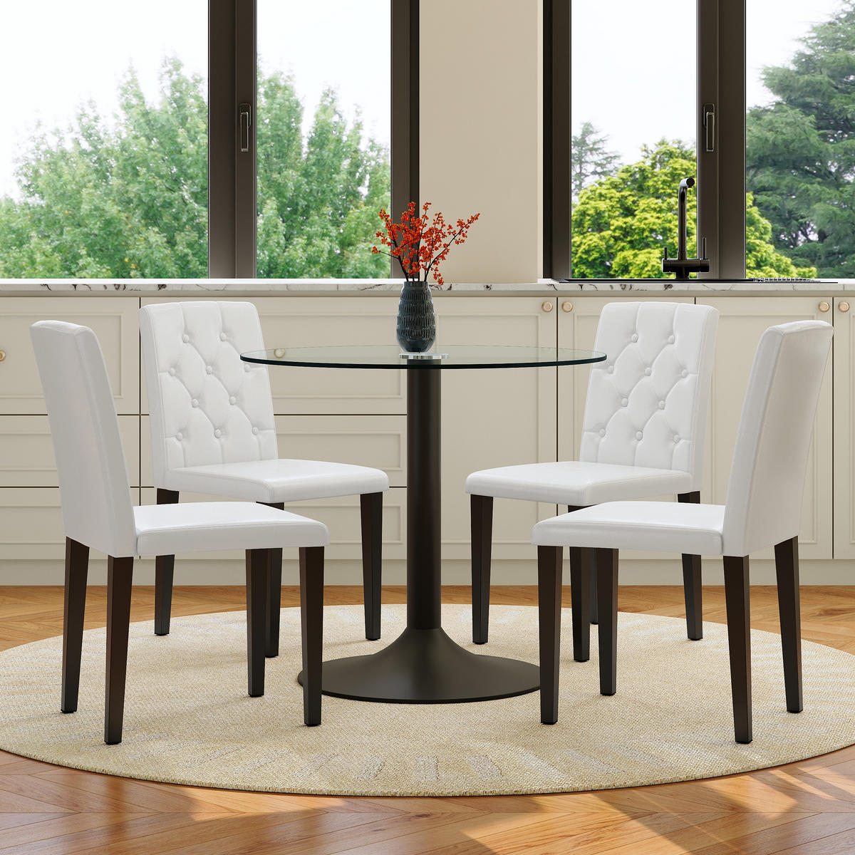 ESSGRUPPE DE-39482 5-teilig, Glastisch und 4 PU-Stühlen mit Knopfverzierung Weiß - Weiß, Metall (85/75/85cm) - ComfortXL