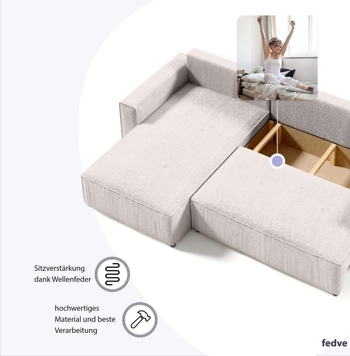 ECKSOFA Couch Sofagarnitur Sekwana L-form Creme - Creme, Naturmaterialien (294/185cm) - Fedve