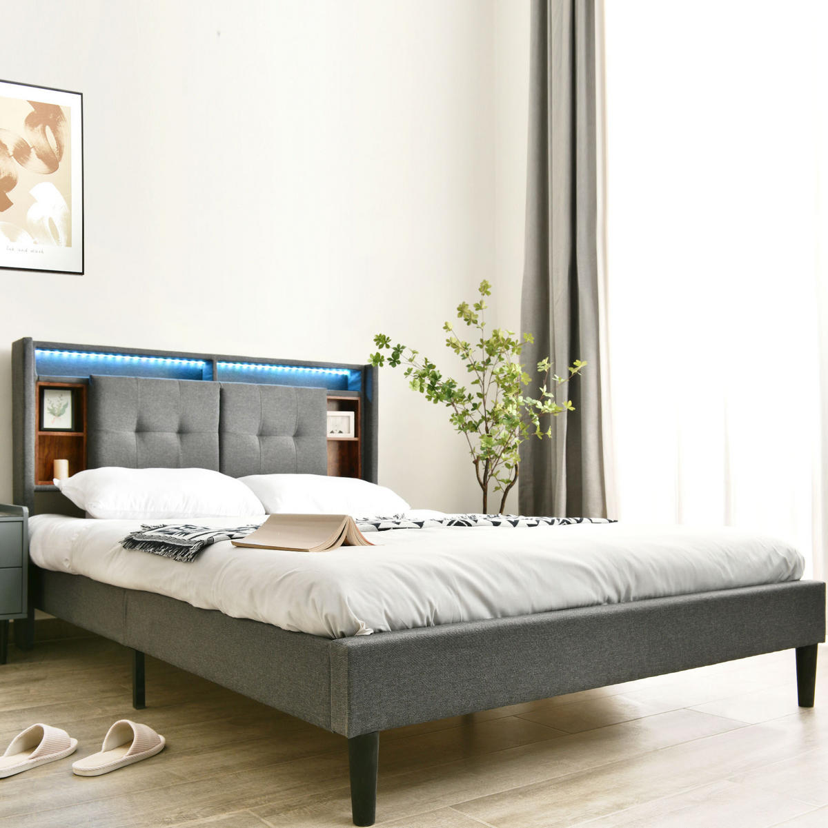 ČALÚNENÁ posteľ, 160/200 cm sivá, s úložným čelom, LED a USB - sivá, drevo (160/200cm) - BEAOK
