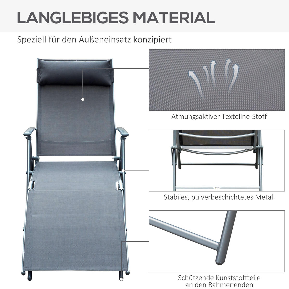 SONNENLIEGE Grau klappbar mit Kissen 137/63,5/100,5 cm - Grau, Metall (137/100.5/63.5cm) - PANGIVO